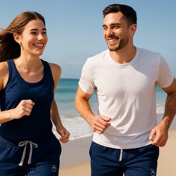 couple en short et sweatshirt gris courent sur une plage