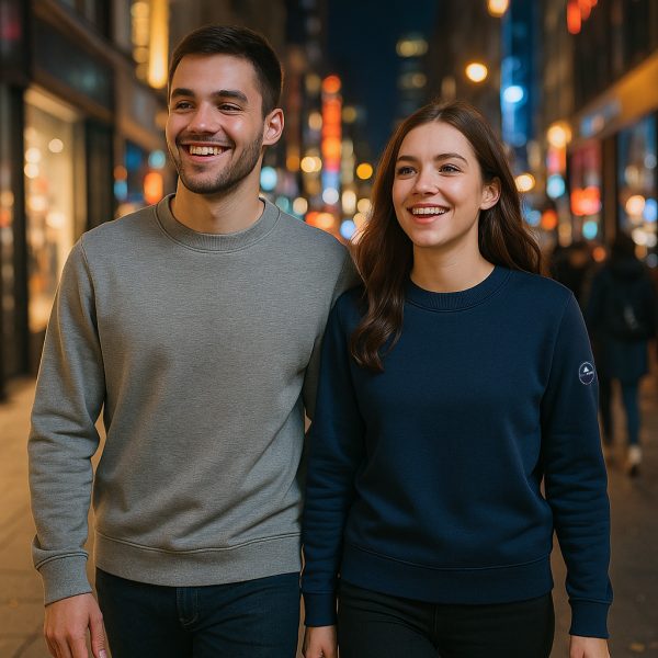 un couple en sweatshirt se promène en ville la nuit