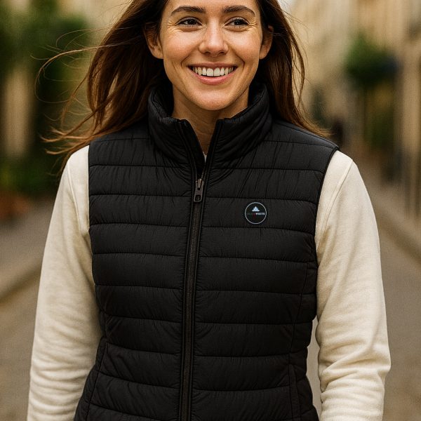 femme avec doudoune noire sans manches se promène dans la rue