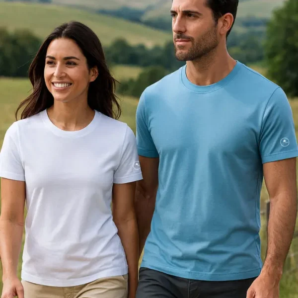 un homme et une femme en t-shirt à la campagne