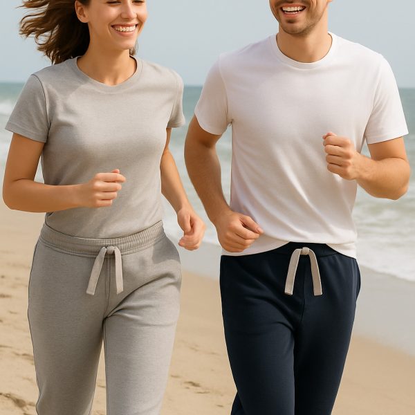 un homme et une femme en pantalon de jogging classique courent sur une plage