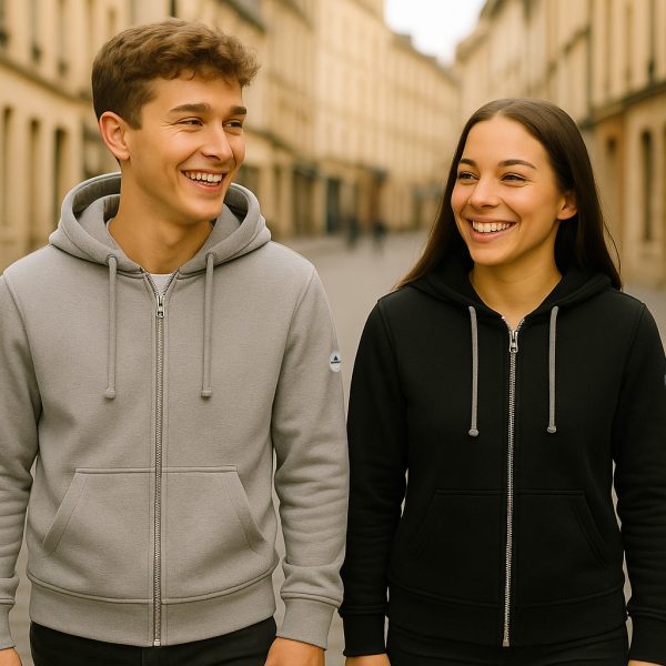 couple de jeunes en sweatshirt à capuche full zip