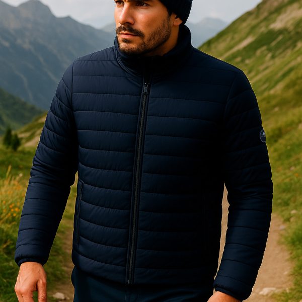 un homme en doudoune marche en montagne