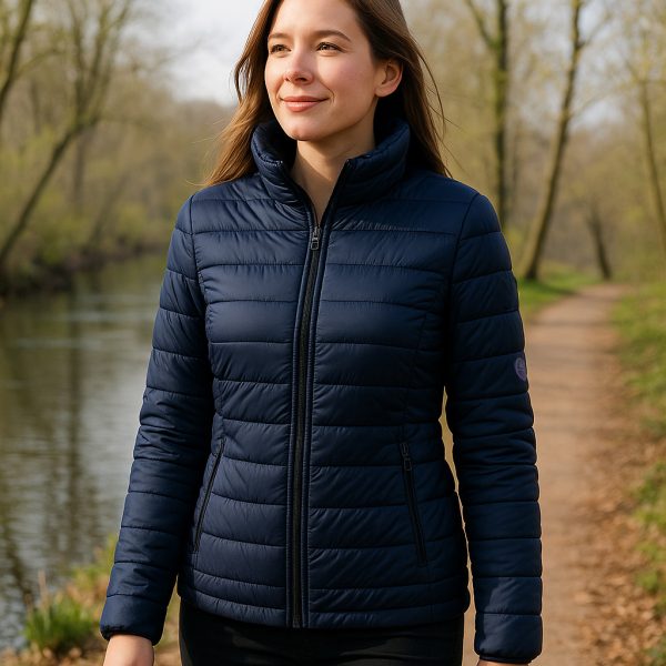 une femme en doudoune bleu marine marche au bord d'une rivière