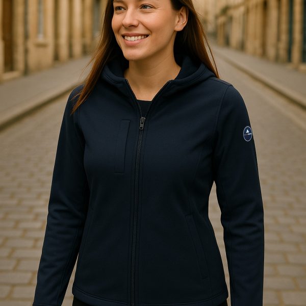 une femme en softshell bnavy blue marche dans la rue
