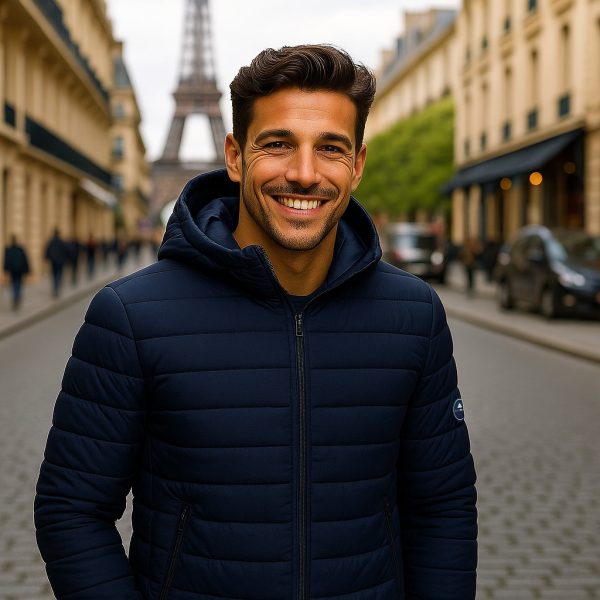 homme dans une rue portant une doudoune coloris navy blue