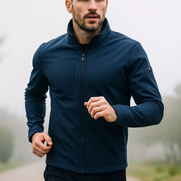 homme avec veste softshell marine fait du jogging